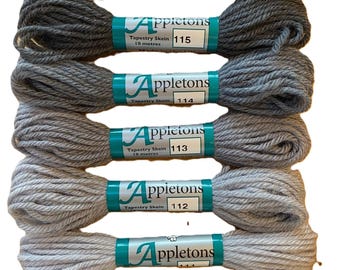Grey Scale Set of Appletons Wool Skeins Range No. 110 (111 - 115) Crewel 2ply or Tapestry 4ply yarn