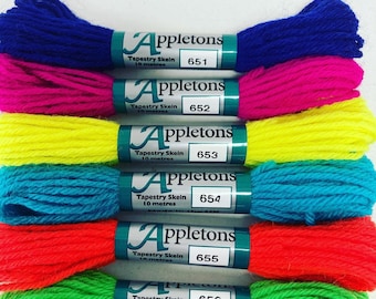 Hot Neon Set of Appletons Wool Skeins Range No. 650 (651 - 656) Crewel 2ply or Tapestry 4ply  yarn New Shades
