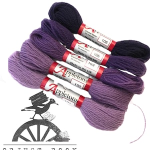 Purple Set of Appletons Wool Skeins Range No. 100 (101 - 106) Crewel 2ply or Tapestry 4ply  yarn