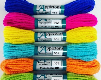 Cool Neon Appletons Wool Skeins  No. 660 (661 - 666) – Crewel 2ply or Tapestry 4ply Yarn