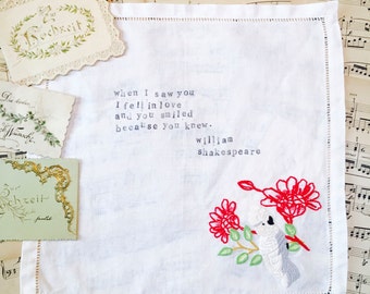 Vintage happy tears handkerchief for your wedding with Shakespeare love quote, handmade wedding gift