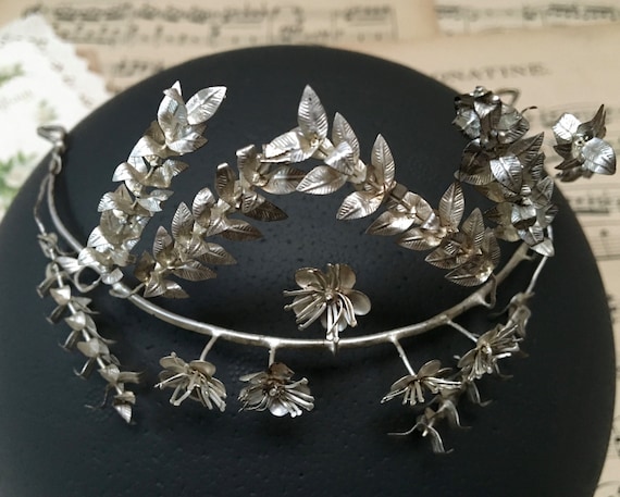 silver vintage boho bridal crown for wedding, ant… - image 1