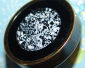 Awesome Antique Brass Drum Button 1 1 8 quot Mottled Black and White Glass Center Black Steel Ring Top Lovely Brass Drum Lead Back