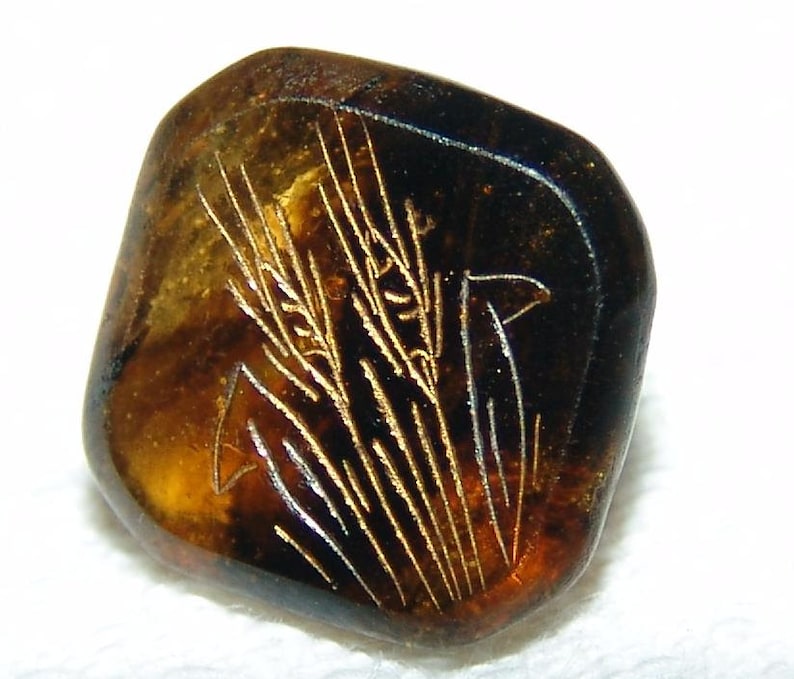 Superb Antique Marble Amber Glass Button ~ Charmstring Button ~ Incised Wheat Sheaves Design ~ Gold Luster ~ Simply Stunning!