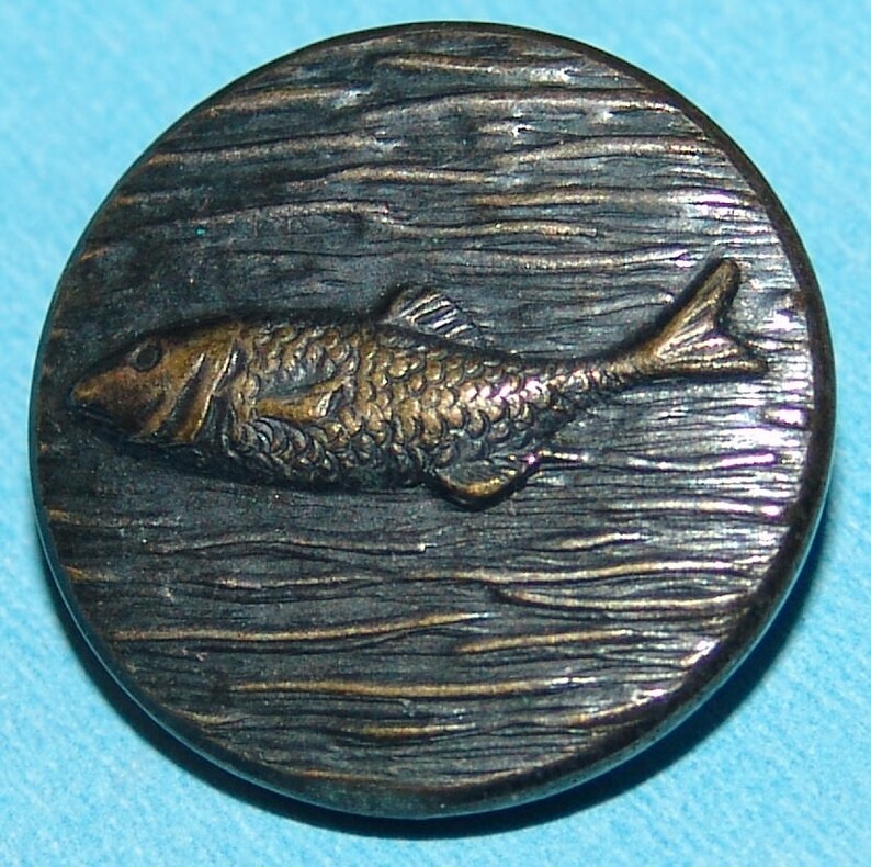 Scarce Brass Fish Button ~ 78 Paris Back Fish Button ~ Blue Tint