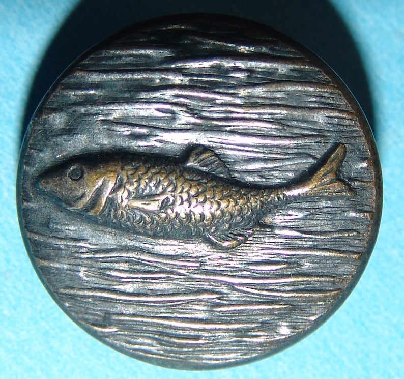 Scarce Brass Fish Button ~ 78 Paris Back Fish Button ~ Blue Tint