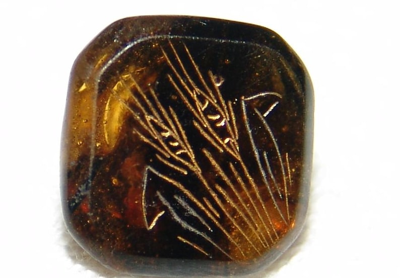 Superb Antique Marble Amber Glass Button ~ Charmstring Button ~ Incised Wheat Sheaves Design ~ Gold Luster ~ Simply Stunning!