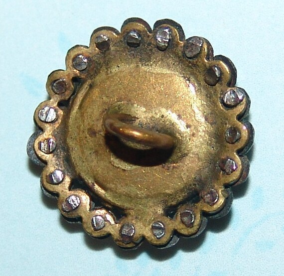 Facet Cut Steels ~ Lovely Exquisite Antique 3 Piece Button ~ 1116~ Incised Quilt Pattern Shell ~ Brass Prong Set ~ Encircled with Riveted