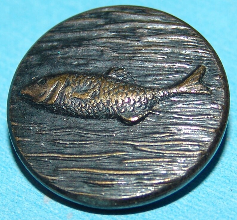 Scarce Brass Fish Button ~ 78 Paris Back Fish Button ~ Blue Tint