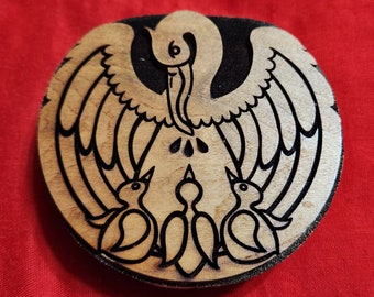 Round Pelican Three Chick Design Woodcut Stamp for Wood Block Printing or Leather Embossing SCA