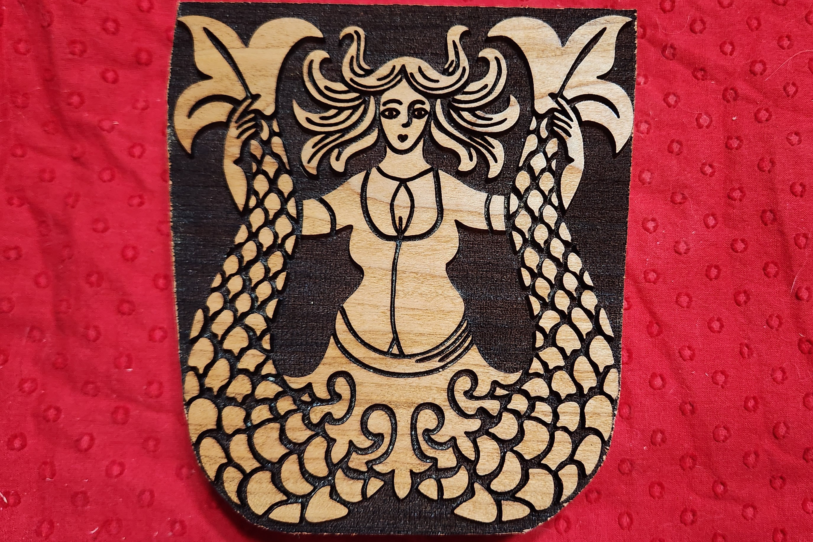 Siren or Double Tailed Mermaid Heraldic Beast Design Woodcut for