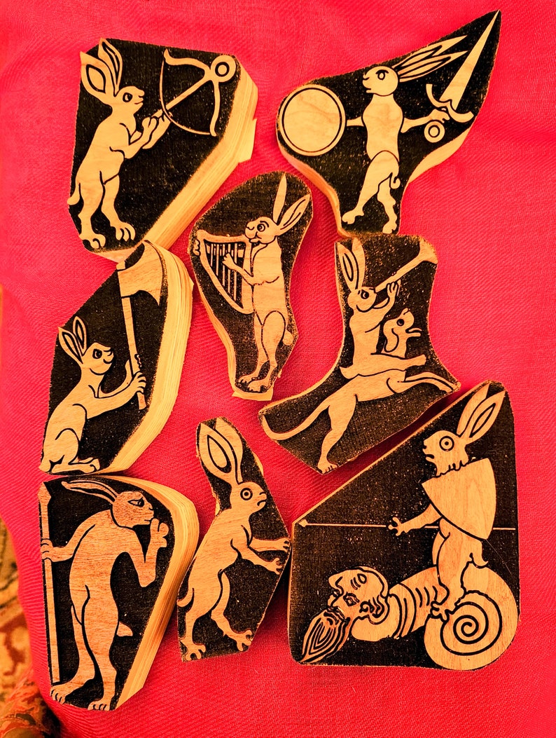 Drolleries Rabbits Sword and Shield Bunny Murder Rabbit French Drollery Woodcut for Wood ...