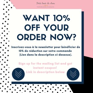 May include: A pink and black graphic with white polka dots. The text reads "WANT 10% OFF YOUR ORDER NOW?" and "Sign up for the mailing list and get instant coupon! Link in description below".
