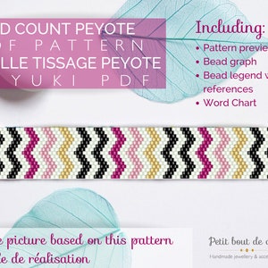May include: A beaded bracelet with a chevron pattern in black, white, pink, and gold. The bracelet is made with Miyuki beads and is an odd count peyote stitch. The image includes the text "ODD COUNT PEYOTE PDF PATTERN GRILLE TISSAGE PEYOTE MIYUKI PDF" and "Including: Pattern preview Bead graph Bead legend with references Word Chart".