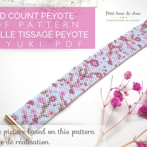 May include: A light blue and pink beaded bracelet with a gold clasp. The bracelet is made with Miyuki beads and is based on an odd count peyote stitch pattern. The image includes the text "ODD COUNT PEYOTE PDF PATTERN GRILLE TISSAGE PEYOTE MIYUKI PDF" and "Sample picture based on this pattern Exemple de réalisation".