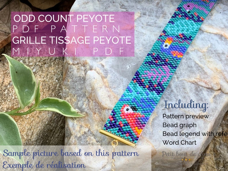 PDF Peyote Bracelet Pattern/Beading grid/odd count peyote bracelet/ Miyuki delica beads/miyuki pattern/jungle exotic tropical life pattern image 1