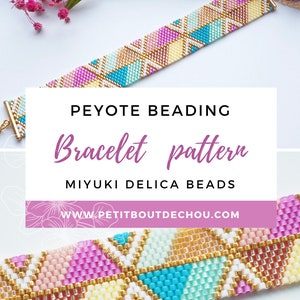 May include: A colorful beaded bracelet pattern using Miyuki Delica beads. The pattern includes a preview, bead graph, bead legend with references, and a word chart.