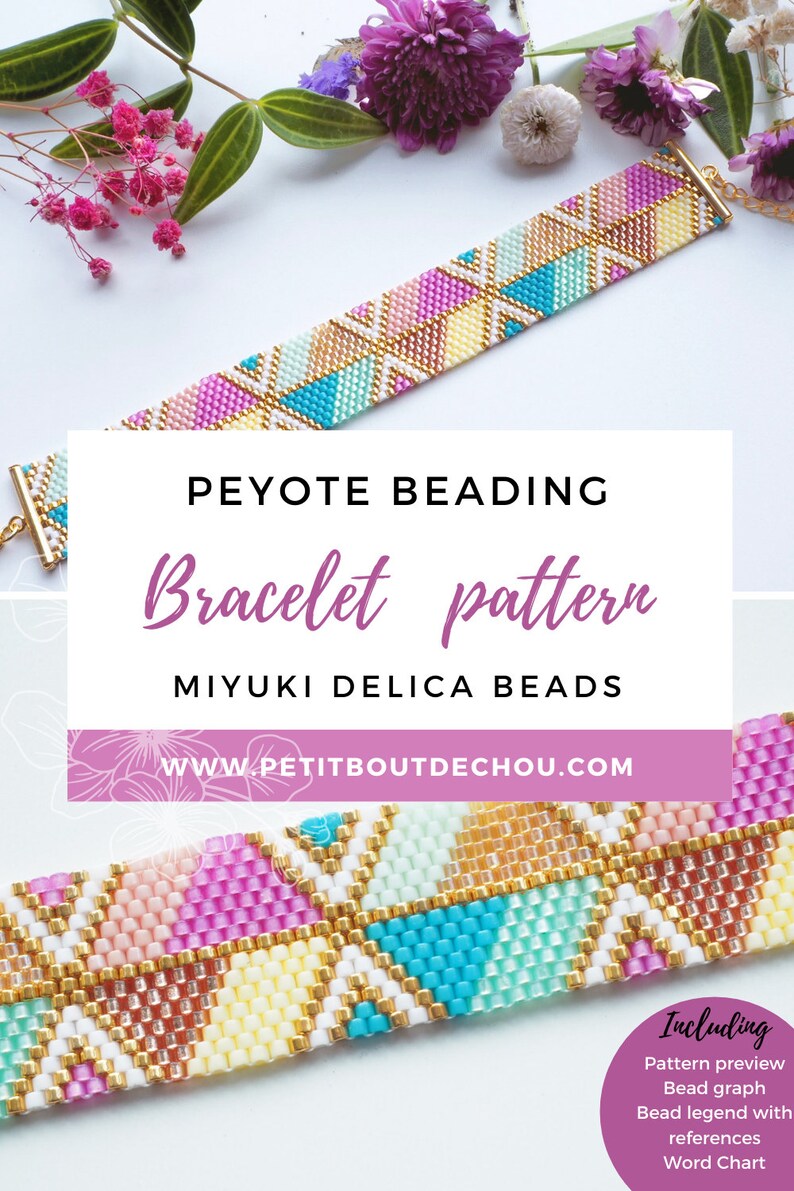 May include: A colorful beaded bracelet pattern using Miyuki Delica beads. The pattern includes a preview, bead graph, bead legend with references, and a word chart.