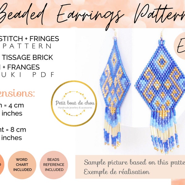 Brick stitch earring pattern/brick stitch pattern/bead fringe earring pattern/blue gold lao earring/seed bead pattern/miyuki earring/dangle