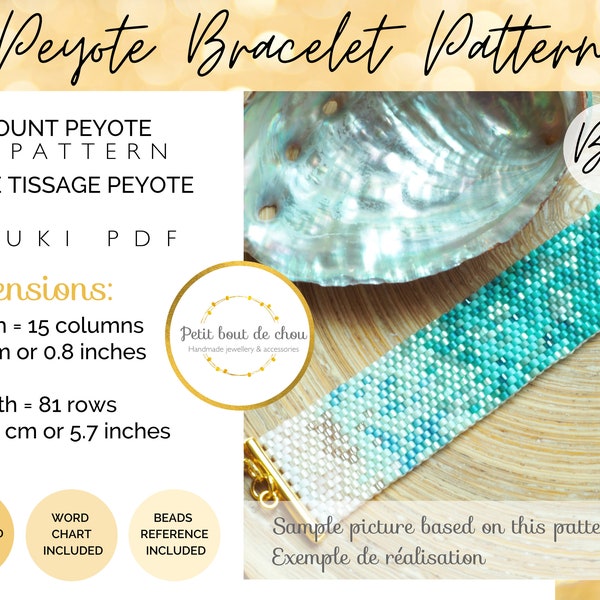 Grille de tissage bracelet peyote/peyote impair/diagramme miyuki/perles miyuki delicas/pdf à télécharger/motif turquoise mer des caraibes