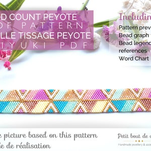 May include: A colorful beaded bracelet with a geometric pattern. The bracelet is made with Miyuki beads and has a gold clasp. The image includes the text "ODD COUNT PEYOTE PDF PATTERN GRILLE TISSAGE PEYOTE MIYUKI PDF" and "Including: Pattern preview Bead graph Bead legend with references Word Chart".