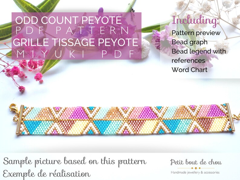 May include: A colorful beaded bracelet with a geometric pattern. The bracelet is made with Miyuki beads and has a gold clasp. The image includes the text "ODD COUNT PEYOTE PDF PATTERN GRILLE TISSAGE PEYOTE MIYUKI PDF" and "Including: Pattern preview Bead graph Bead legend with references Word Chart".