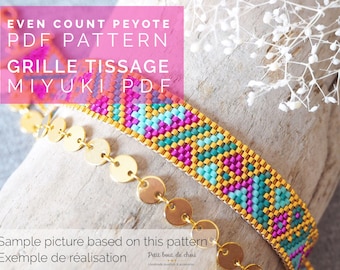 Grille de tissage bracelet/grille miyuki/diagramme miyuki/perles miyuki delicas/pdf à télécharger/motif fuschia azteque/couleurs estivales