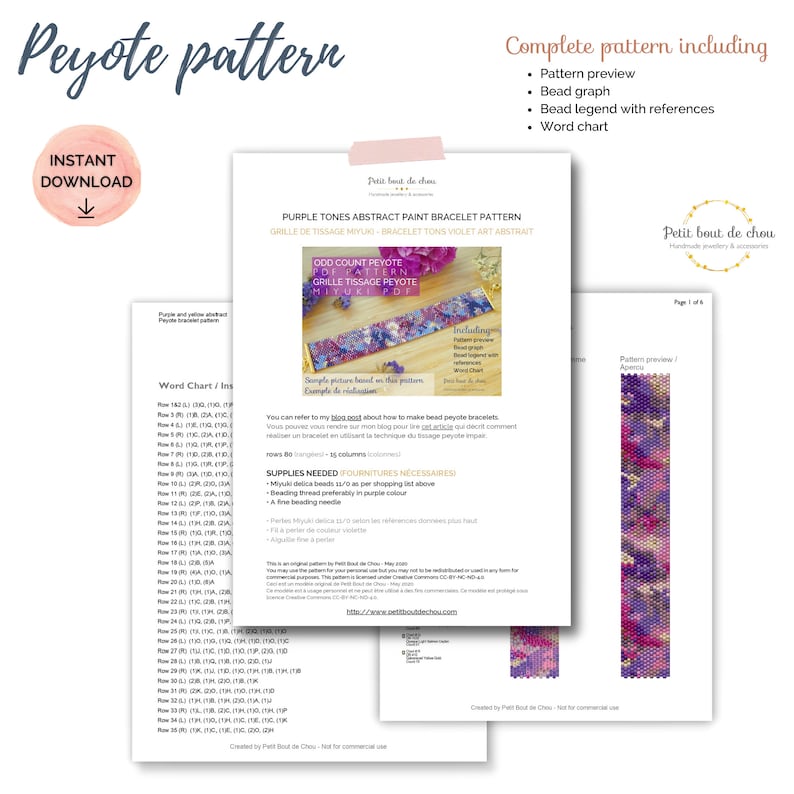Mönster för Peyote-pärlarmband i PDF-format/Peyotesöm med udda antal/Miyuki delica-pärlor/geometriskt mönster/nedladdning direkt/mönster i lila toner bild 2