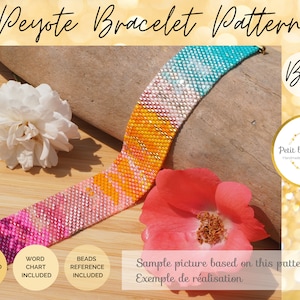 Peut inclure: Un modèle de bracelet peyote perlé avec un dégradé de couleurs, notamment rose, orange et turquoise. L'image comprend le texte "Peyote Bracelet Pattern" et "B24". Le modèle comprend un diagramme de mots et une référence de perles.