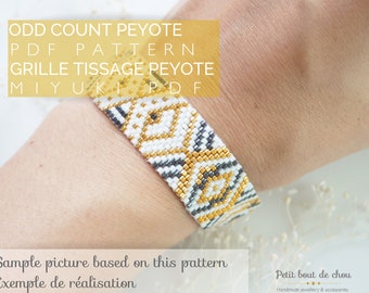 Grille de tissage bracelet/peyote impair/diagramme miyuki/perles miyuki delicas/pdf à télécharger/motif geometrique noir blanc doré