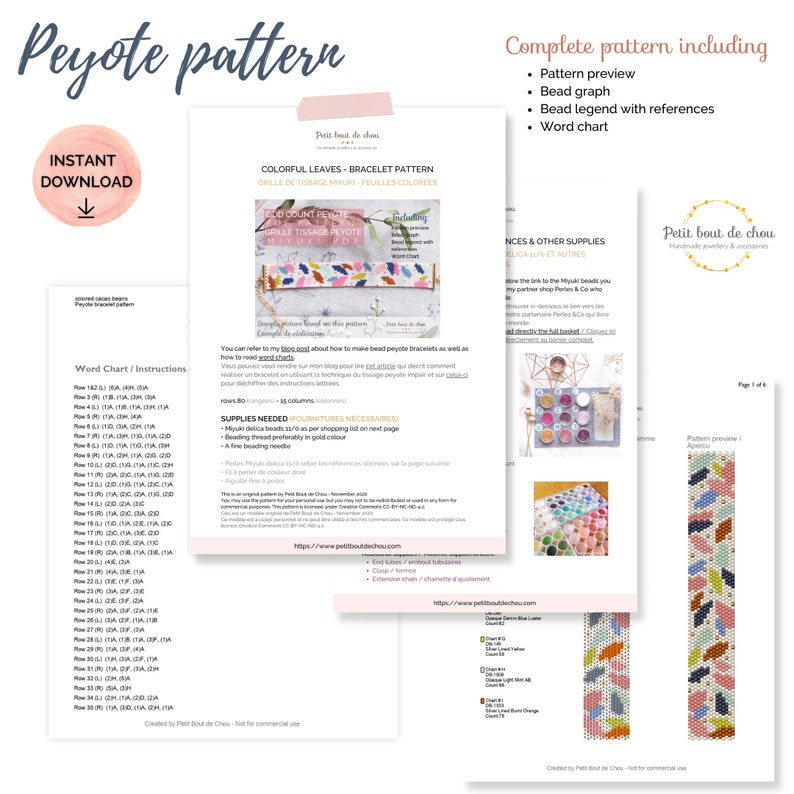May include: Colorful beading pattern for a bracelet with a word chart and bead legend. The pattern features colorful leaves and is called "Colorful Leaves Bracelet Pattern".