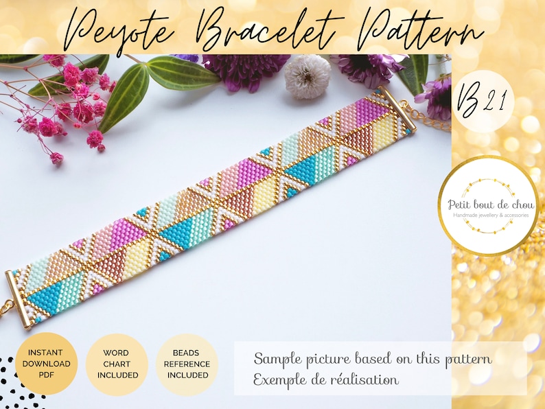 May include: A colorful peyote stitch bracelet pattern with a geometric design. The pattern includes a bead reference chart and is available for instant download as a PDF.