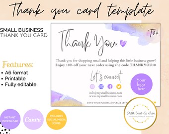 Small Business Thank You Card,  Business Thank You Printable, Etsy Thank You Card Packaging. Watercolour Thank You Card, Packaging Insert