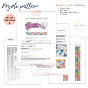 May include: A printable peyote beading pattern for a bracelet with a summery color scheme of pink, blue, yellow, and green. The pattern includes a word chart, bead graph, and bead legend with references. The pattern is titled "Summer Hexagons - Bracelet Pattern".