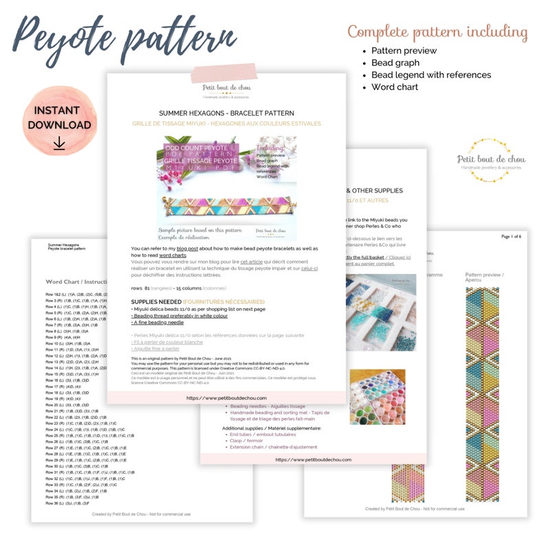 May include: A printable peyote beading pattern for a bracelet with a summery color scheme of pink, blue, yellow, and green. The pattern includes a word chart, bead graph, and bead legend with references. The pattern is titled "Summer Hexagons - Bracelet Pattern".