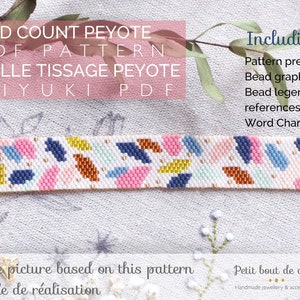 May include: A colorful beaded bracelet made with Miyuki seed beads in a geometric pattern. The bracelet is on a white fabric background. The text "ODD COUNT PEYOTE PDF PATTERN GRILLE TISSAGE PEYOTE MIYUKI PDF" is at the top of the image. The text "Including: Pattern preview Bead graph Bead legend with references Word Chart" is on the right side of the image. The text "Sample picture based on this pattern Exemple de r&eacute;alisation" is at the bottom of the image. The text "Petit bout de chou Handmade jewellery & accessories" is at the bottom right of the image.