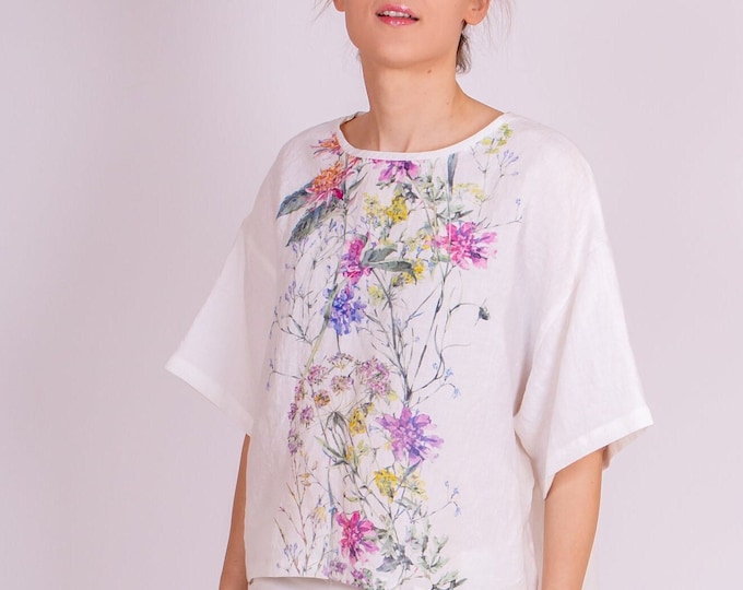 LinenBuy Linen Blouse, Floral linen blouse, Women's Oversize T-shirt, Loose Linen Shirt, Flax Linen Shirt, A classic Elk style