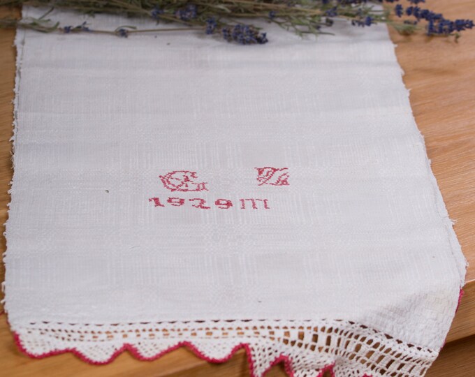 Antique 1929 Handwoven and Embroidered Linen Towel / Table Runner