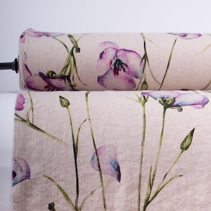 California Poppy Linen Fabric: Natural Floral Print, Medium Weight By The Yard