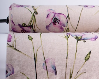 California Poppy Linen Fabric: Natural Floral Print, Medium Weight By The Yard