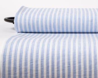 Wholesale French 100% Pure Linen Fabric - Light Weight Off-White & Blue Striped | Fabric by the Bolt