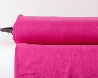 Pure 100% Linen Fabric Pink Peacock, Hot Pink Medium Weight Pre-Washed Durable Dense Plain Solid Organic Textile Drape For Sewing