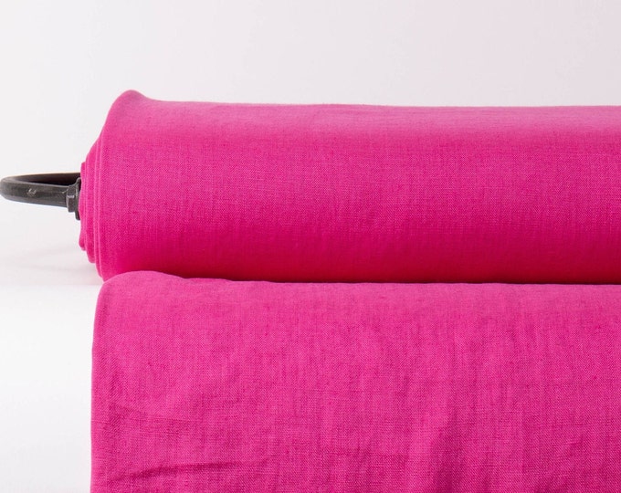 Pure 100% Linen Fabric Pink Peacock, Hot Pink Medium Weight Pre-Washed Durable Dense Plain Solid Organic Textile Drape For Sewing