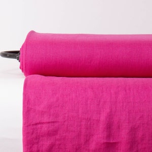 Pure 100% Linen Fabric Pink Peacock, Hot Pink Medium Weight Pre-Washed Durable Dense Plain Solid Organic Textile Drape For Sewing