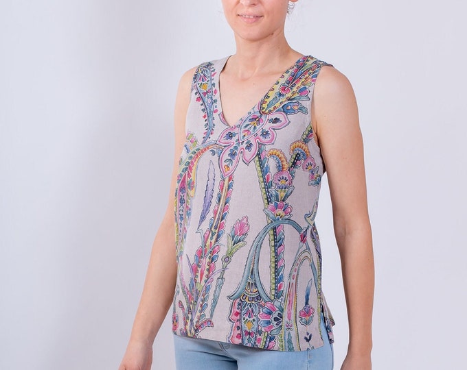 LinenBuy Linen Tank Top Cachemire Not-dyed, Loose Floral Blouse, V-neck Sleeveless Women Tee, Women's Summer Tank Tops