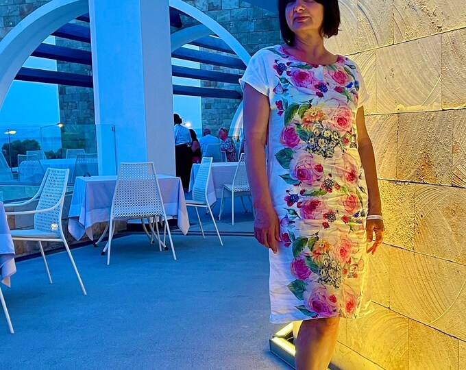 Resort Vacation Dress: Linen Dress with Floral Bands. Consider Gifting A Linen Dress For Mother's Day