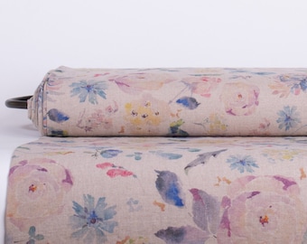 Tissu 100 % pur lin avec une impression numérique vintage de fleurs de poids moyen.