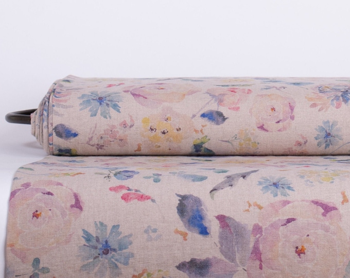 100% Pure Linen Fabric with a Vintage Flower Digital Print of Medium Weight