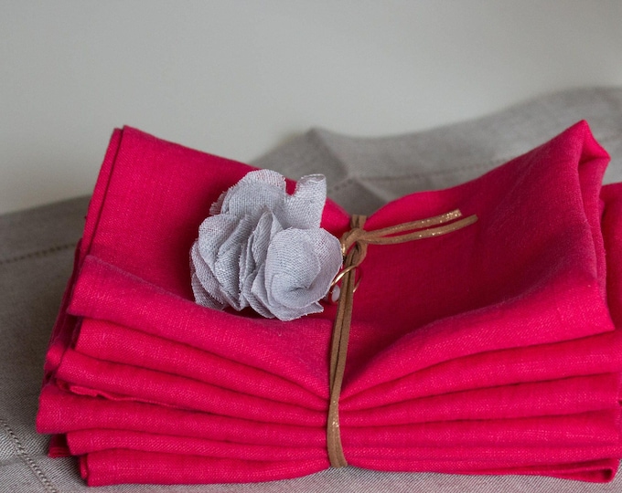 LINEN NAPKINS SET 6 Raspberry red Washed 100% linen napkins