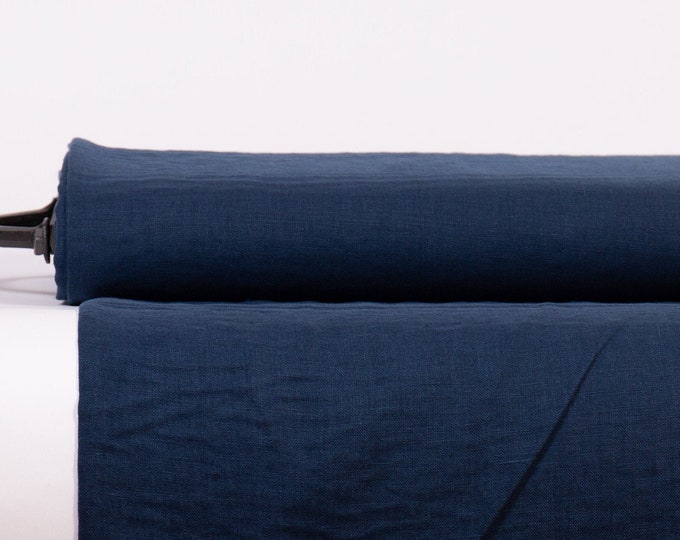 Pure 100% Linen Fabric Midnight Blue Medium Weight Pre-Washed Durable Dense Plain Solid Organic Textile Drape For Sewing Table Cloth By Yard